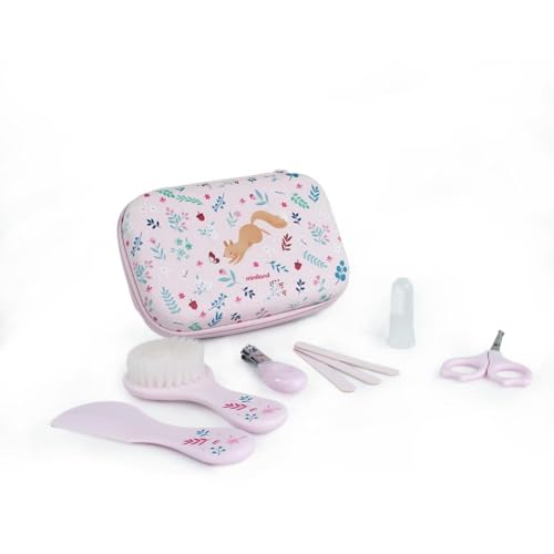 Miniland Baby Kit - Kit De Higiene Y Cuidado Para Bebé Con 6 Accesorios: Cepillo, Peine, Tijeras, Cortauñas, Estimulador Encías Y 2 Limas Con Estuche, Ideal Para Viaje Squirrel