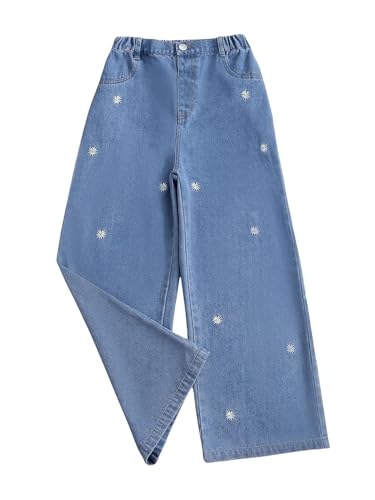 WDIRARA Girl's Floral Embroidery Elastic Waist Wide Leg Long Denim Pants Jeans with Pockets