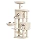 Heybly Kratzbaum, 145 cm Hoher Mehrstöckiger Kratzstamm-Kletterturm, Ausgestattet Mit 2 Großen Plattformen, 1 Großer Hängematte, Einem Katzenkorb, Ballspielzeug Und Katzennestern, Beige HCT016M