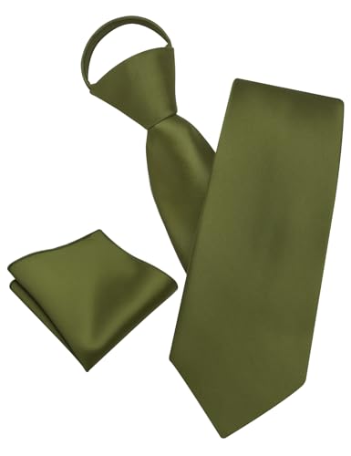 Image of YourTies Zipper Tie for Men Adjustable Pre-tied Satin Neckties and Pocket Square Set Solid Color Business Formal Wedding