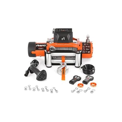 Rhino Electric Winch 12V 13500lbs / 6125Kg 26m Steel Cable Heavy Duty Reinforced Recovery Winch Including Fairlead Roller & Wireless Remotes Cover