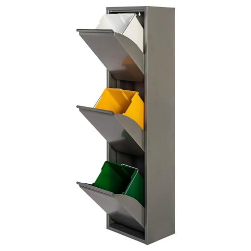 JOBGAR Caixote do lixo e reciclagem metálico de 3 compartimentos, 3 x 17 L (51 l), cinzento brilhante PAT 3