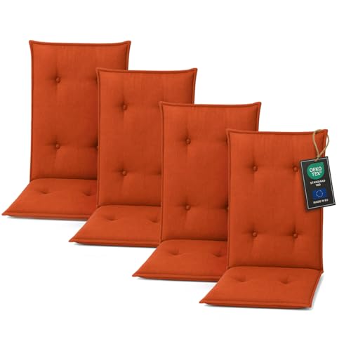Pillows24 - Hochlehner Auflagen 4er Set - 120x50cm – 8cm Dick - Premium-Material 200gsm, Wasserabweisend | Gesteppte Sitzauflagen Hochlehner | Gartenstuhlauflagen für Gartenmöbel | Orange