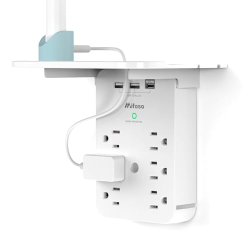 Wall Outlet Extender with Surge Protector, 30W USB-C Charger, 6 AC Outlets, Shelf, 2 USB & USB C Charging Ports - Home & Dorm Plug Expander