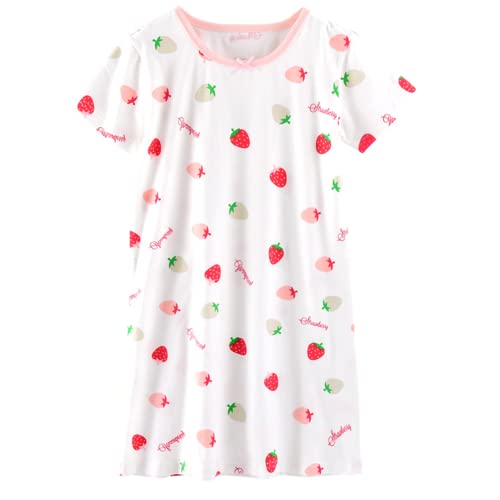 ANIMQUE - ANIMQUE Bébé Fille Chemise de Nuit Coton Enfants Manches Courtes Princesse Robe Pyjama Mignon Fraise Col Rond Familial Pyjama 1-10 Ans, Blanc Fraise 140