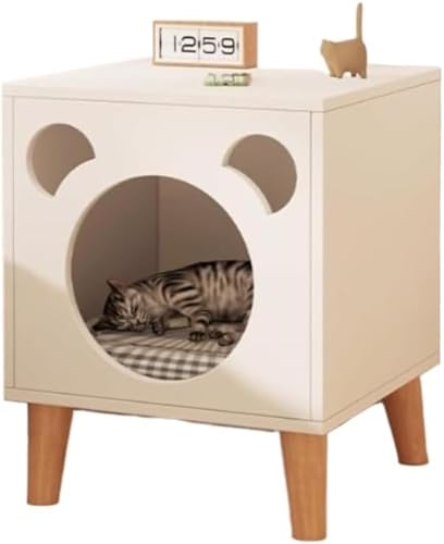 木製キャットハウス 無垢材 多機能ベッドサイドキャビネット 猫ベッド兼用 猫砂スペース付き 収納機能 猫家具 シンプルデザイン (ホワイト)