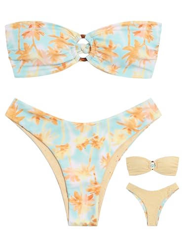 Image of ZAFUL Women's Bandeau Bikini O Ring Strapless Tie Back High Cut Two Piece Swimsuit Bathing Suits