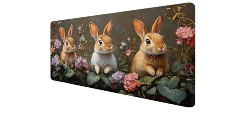 Tapis de souris XXL 700x400 mm lapin et fleurs pour setup de bureau