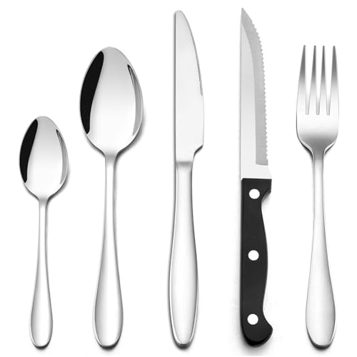 HaWare 30 Piece Cutlery Set, 24 Pcs Stainless Steel Flatware with 6 Pcs Steak Knives, Elegant Forks Spoons Silverware, Service for 6, Mirror Polished, Dishwasher Safe