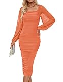 ZESICA Women's Sexy Ruched Bodycon Midi Dress Long Puff Sleeve Square Neck Backless Cocktail Party Wedding Dresses,Orange,Small