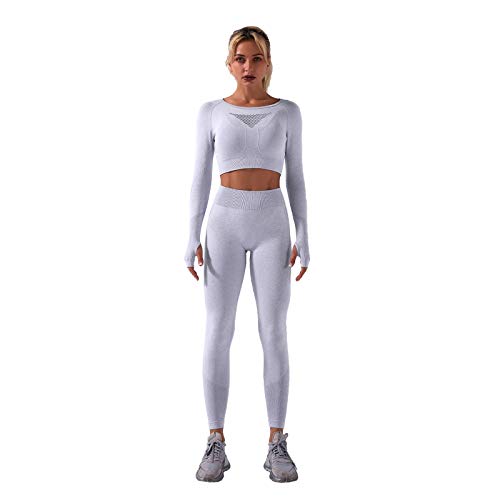 whitzard Conjunto de entrenamiento de 2 piezas para mujer, manga larga, sin costuras, para gimnasio, con top corto y pantalones cortos de yoga, Pantalon Gris Piedra, M Cover