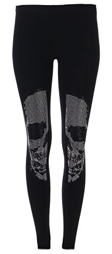FASHION YOU WANT Damen Leggings/Jeggings Gr.34 bis 44 mit Spitze Nieten Steinchen Stern Totenkopf Perlen Leder High Waist Netz Spitzenleggings (Totenkopf schwarz, 38/40)
