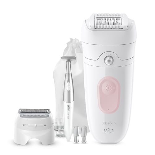Braun Silk-épil 5 SE 5-230 Wet & Dry Epilator Catches Hairs 3 X Shorter Than Wax +9 Extras Including Bikini Trimmer Shaver Head and Trimmer Cap German Made Smart Light Rechargeable Hair Removal