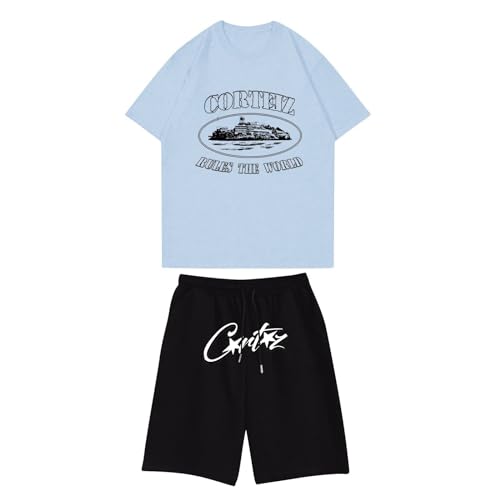 Generisch CRTZ T Shirt und Shorts Sommer 2-Teiliges Set Outfit Trainingsanzug Freizeitanzug Jogginganzug Herren Y2K Hip Hop Streetwear Tracksuit für Jeden Tag