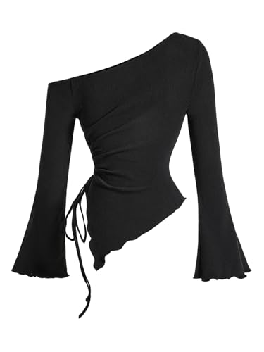 Milumia Women's Ribbed Knit One Off The Shoulder Asymmetrical Long Bell Sleeve Tops Y2K Going Out Tee Shirt Tops2