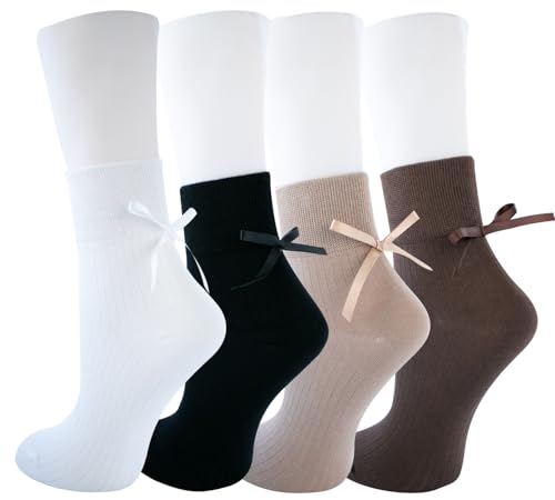 Image of Women's Bow Crew Socks - Cotton Sweet Lolita Dress Breathable Soft Girls' Socks - 3 Pairs