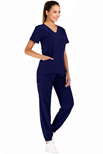 Minty Mint Women's Solid Stretch Medical Uniform Scrub Set V Neck Top Cargo Tapered Jogger Pants Indigo Blue L #TOP1