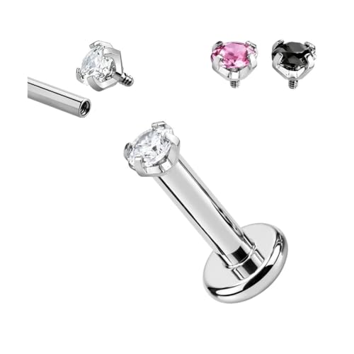 Image of Titanium G23 Internally Threaded CZ Earring - High Polish 16G for Ear, Helix, Tragus, Nose & Lip - Hypoallergenic 4 mm Flat Back with Clear, Pink, Black tops in 7mm and 8mm Length - SOLD AS ONE PIECE
