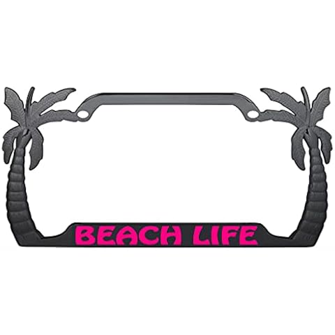 New Custom Auto Tag Beach Life License Plate Frame Holder Bracket for All US/CAN Vehicles | Made in The USA | Great Gift (B-Black/Dark Pink) Cover