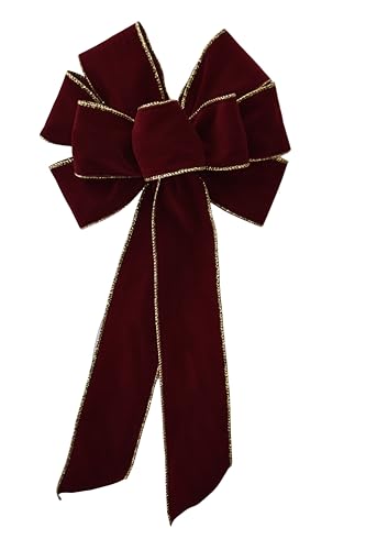 Dark Burgundy with Gold Edge Velvet Handmade Holiday Bow - Christmas Outdoor Indoor - 8