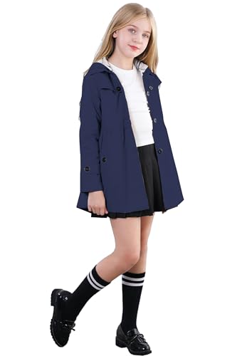 Betusline Girl's Trench Coat, Single Breasted Windbreaker Jacket Hoodie Dress Coat Outerwear for Girl,1# Navy Blue,7-8 Years = Tag 1403