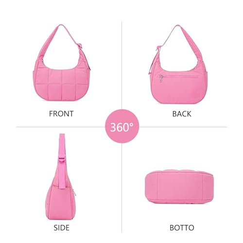 Image of Small Puffer Bag, Crescent Shoulder Bag for Women,Nylon Quilted Tote Handbags with Adjustable Strap (Rose rde)