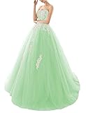 HUINI Quinceanera Kleider Lang Elegant Ballkleid Brautkleid Standesamt Glitzer Abendkleider Damen Tüll mit Schleppe Salbei 46