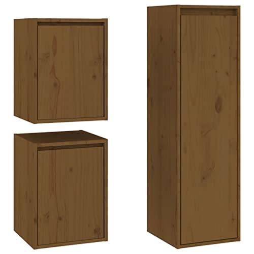 vidaXL TV Schrank 3-TLG. Wandschrank Hängeschrank Wohnwand Schrankwand TV Möbel Anbauwand Wohnzimmer Schrank Honigbraun Massivholz Kiefer