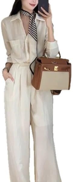 Women Linen Shirt Set Summer Blouse Wide Leg Pants Casual Outfit