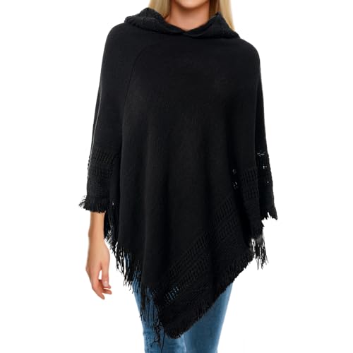 Women Hooded Cape Ponchos Sweater Solid Knit Versatile Lightweight Shawl Wrap Scarf Cape Poncho Accessories