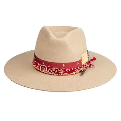 Image of RUEDIGER Vintage Wide Brim Fedora Hats 100% Wool Stiff Felt Hat Rancher Hat with Lightning Logo Handmade Distressed /Burned
