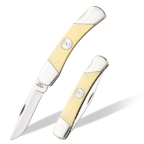 Bear & Son 3-3/4" Yellow Delrin® Lockback Pocket Knife - C305-1095 Carbon Steel Clip Point Blade - Lightweight Everyday Carry Classic Medium Slim Outdoor & Camping Utility Pocketknife - Made in USA
