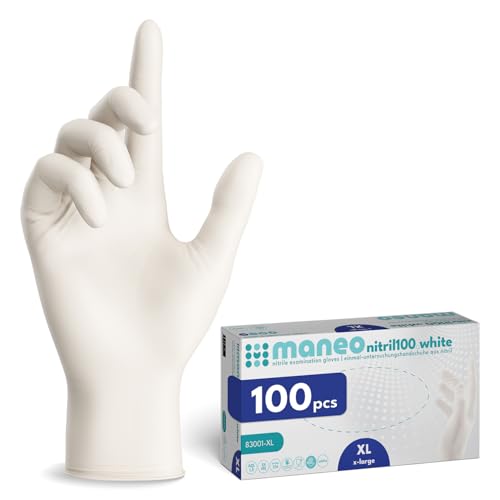 maneo 100 guanti monouso bianchi taglia XL, guanti in nitrile senza polvere e senza lattice, articoli in gomma monouso resistenti per pulizia, cucina e uso domestico