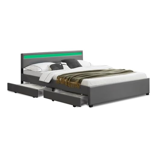 Juskys LED Polsterbett Lyon mit Bettkasten 180 x 200 cm – Bettgestell mit Lattenrost - Kunstleder – grau – Ehebett Schlafzimmer Möbel