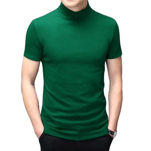 Men's T Shirt Short Sleeve Basic Mock Turtleneck Slim Fit Undershirt Pullover Thermal Solid Tops Dark Green