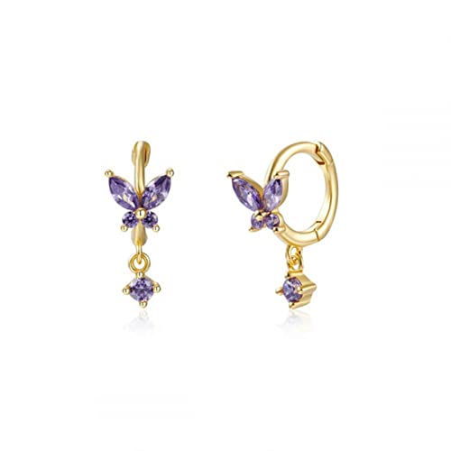 Boucles d'oreilles créoles argent 925 anti-allergie dorées avec pendant violet