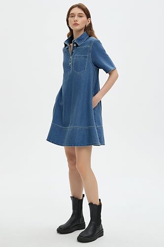 Image of EZAPINE Womens Denim Shirt Dress Collared Button Up V Neck Casual A Line Jean Dresses with Pockets
