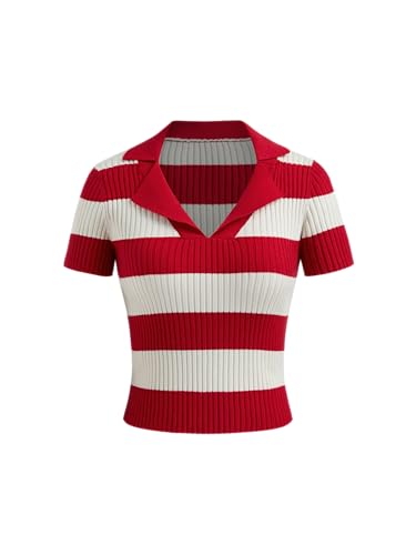 CIDER Striped Sweater Women Knit Polo Top Short Sleeve Regular Fit Casual Polo Neck Striped Knitwear