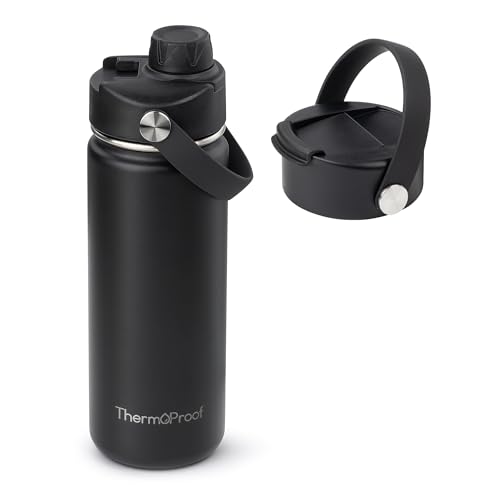 Image of ThermoProof Insulated Water Bottle - Stainless Steel, Wide Mouth, Flip & Spout Lids, Leakproof, Dishwasher Safe, Reusable - Keeps Drinks Hot or Cold - for Adults & Kids - 18oz, Black