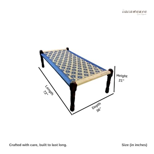 FURNWEAVE Solid Sheesham Wood Handmade Rajasthani Charpai | Cotton Rope Khatiya Charpai Single Bed Without Storage | Wooden Cot Bed | Khatiya-Khaat | 6X3 Feet | Color - White and Blue