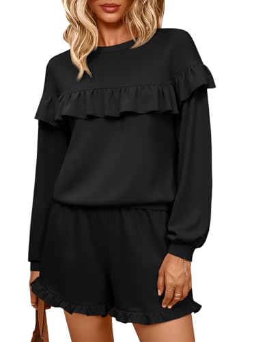 Tankaneo Womens 2 Piece Lounge Sets Ruffle Long Sleeve Sweatshirt High Waisted Shorts Sets Casual Sleepwear Loungewear