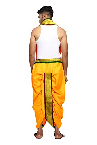 Image of Rameshwaram Fabrics Readymade Dhoti for Men, Velcro Style Stitched Mens Silk Dhoti Pant with Stole Set