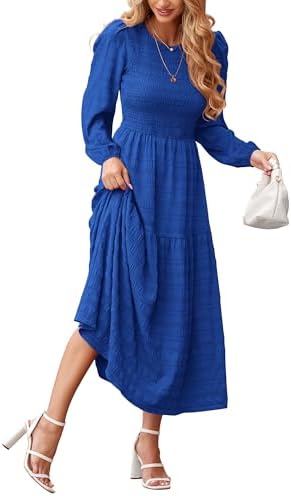 dowerme Women's Dresses 2025 Fall Puff Long Sleeve Crewneck Smocked Tiered Flowy A-Line Boho Wedding Party Maxi Dress