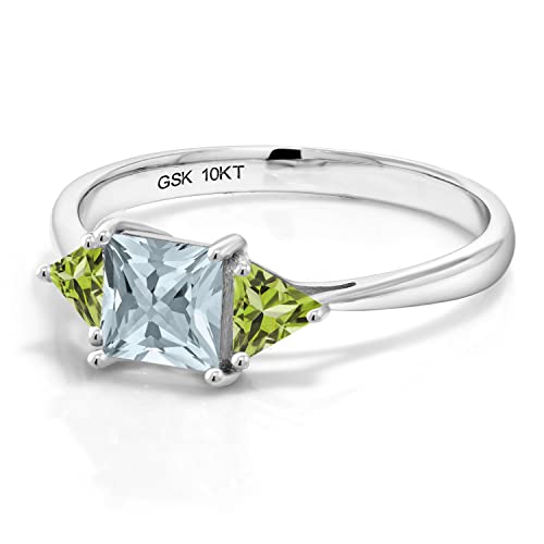 Gem Stone King 10K White Gold Sky Blue Aquamarine and Green Peridot 3 Stone Engagement Ring For Women (0.86 Cttw, Gemstone March Birthstone, Princess Center 5MM, Trillion 3.5MM)2