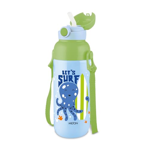 Image of Milton Steel Indus 600 Thermoware PU Insulated, 500 ml Water Bottle with Straw for Kids, Leak Proof Flip Top Sipper Lid Bottle, School, Picnic, Easy to Carry Belt, Sky Blue