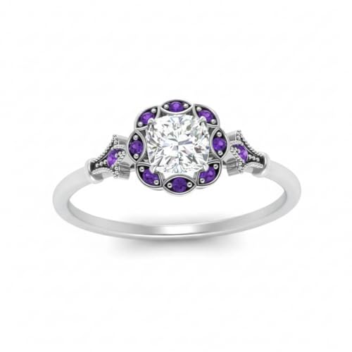 Image of Choose Your Gemstone Vintage Halo Diamond CZ Engagement Ring Sterling Silver Cushion Shape Vintage Engagement Rings Minimal Modern Design Birthday Gift Wedding Gift US Size 4 to 12