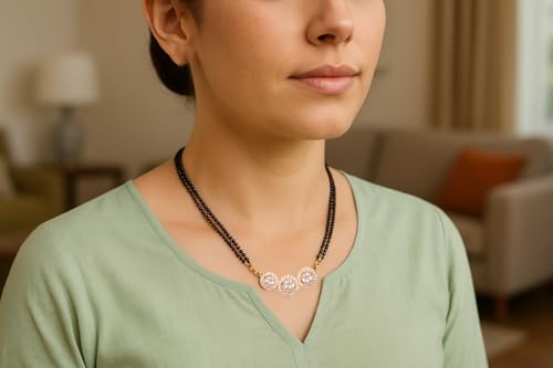 Sunsoul By Touchstone Traditional Indian Bollywood Studded Diamond Look Cubic Zirconia CZs Black Beads Symbolic Designer Jewelry Mangalsutra Pendant In Two Tones For Women.