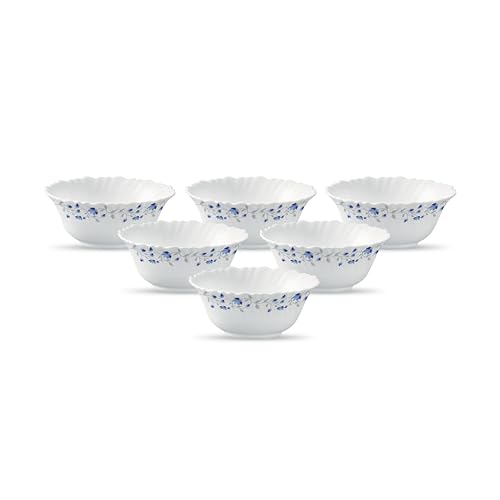 Image of La Opala Diva Classique Collection Opal Glass Crockery | Vegetable Bowl Set of 6 | Blue Mystique Design | for dal & Condiments | Microwave Safe | 100% Vegetarian | Extra Strong | Light & White