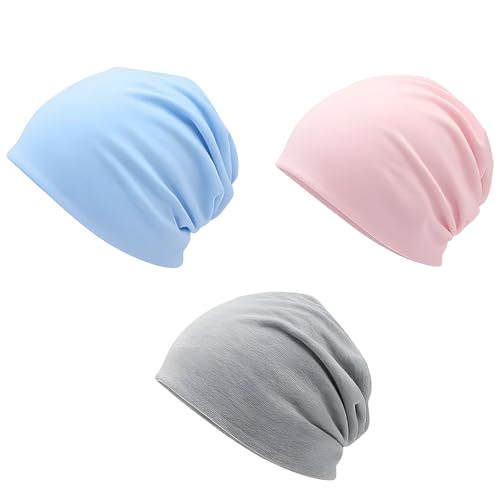 NieYat Beanie Mütze Damen,Chemo Mütze Damen, 3er Pack Baumwollmütze Damens, Bequeme Kopfbedeckung Chemo, Mützen Für Krebskranke Frauen, Hellgrau, Rosa, Hellblau