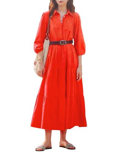 Image of Women Button Down Maxi Shirt Dress Long Sleeve Flowy Tiered Collared Dresses with Pockets